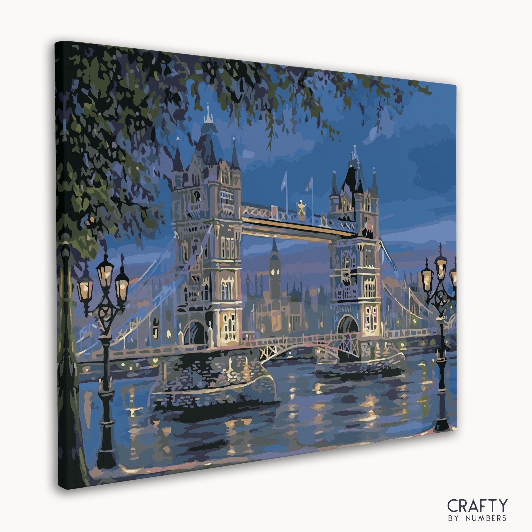 Close-up of paint by numbers canvas featuring London bridge lights