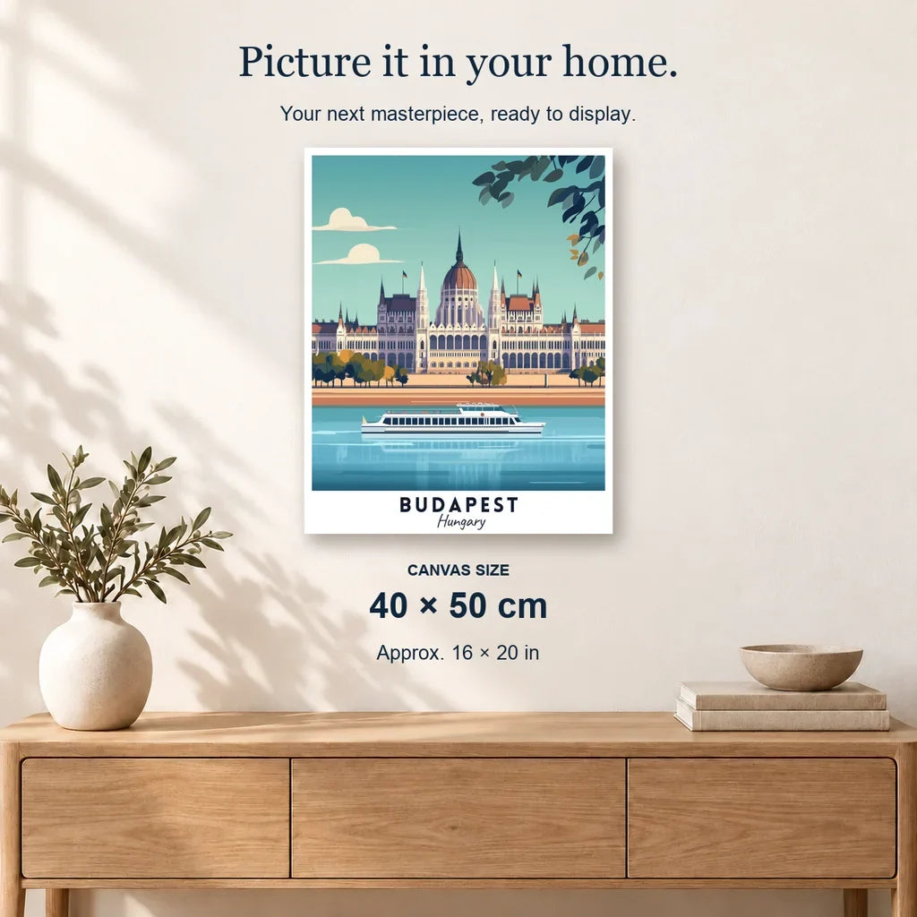 Budapest Travel Poster displayed on a sunlit wall above an oak cabinet. Canvas size 40 × 50 cm.