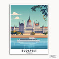 A travel poster depicting the Hungarian Parliament Building in Budapest with a riverboat on the Danube River. The background features a blue sky with clouds and the foreground has a reflection in the water.