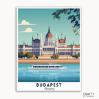 A travel poster depicting the Hungarian Parliament Building in Budapest with a riverboat on the Danube River. The background features a blue sky with clouds and the foreground has a reflection in the water.