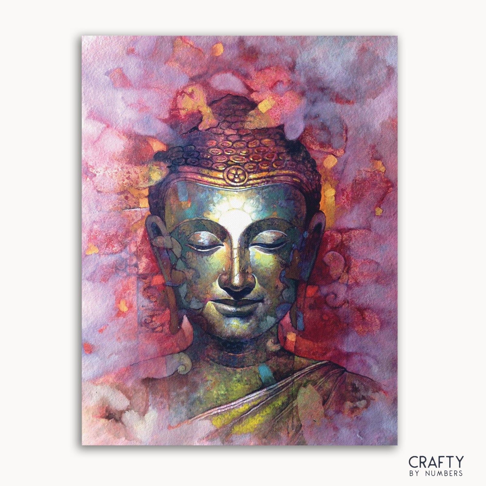 Ein Bild des Malen-nach-Zahlen-Sets mit einer abstrakten künstlerischen Darstellung einer Buddha-Figur vor buntem Hintergrund.