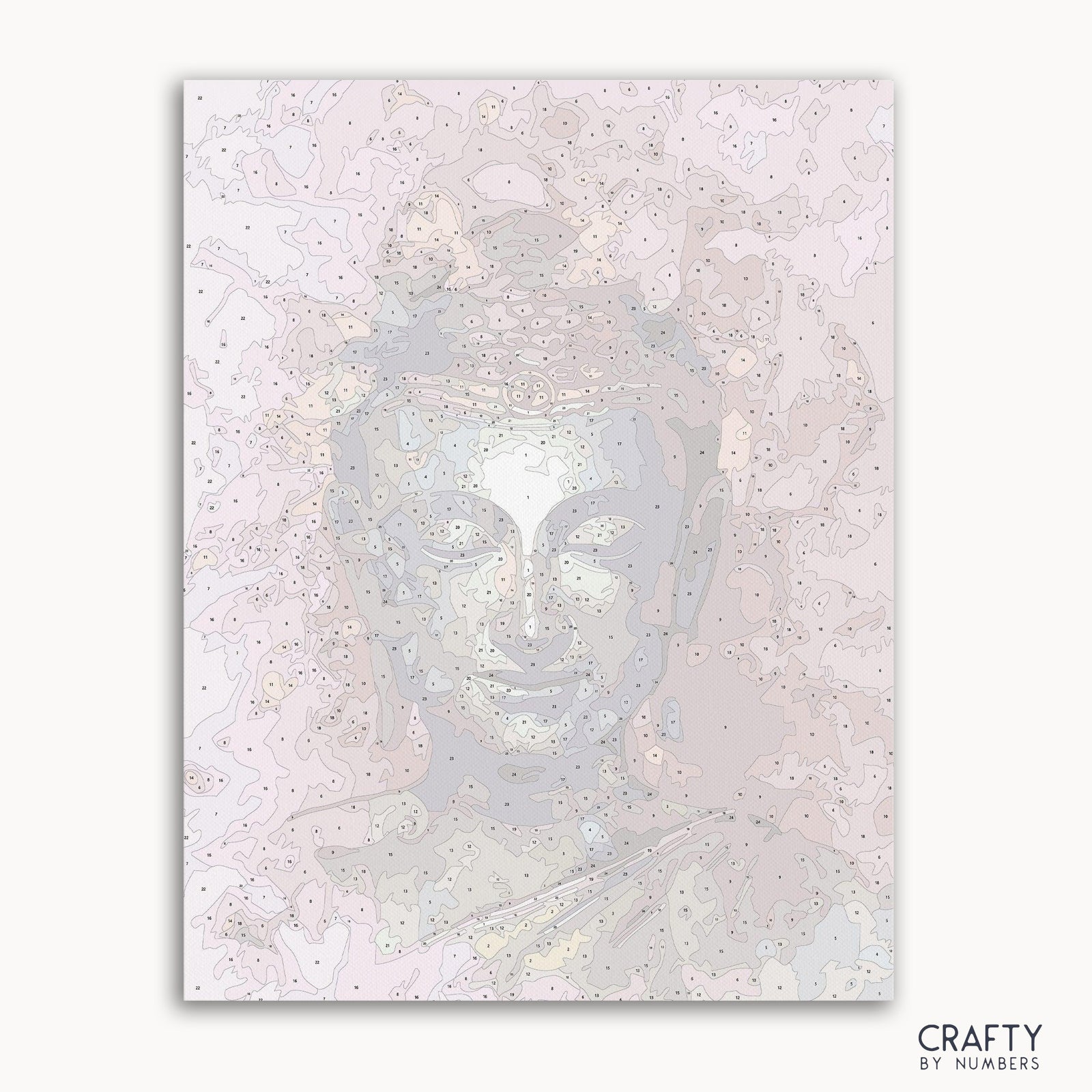 Buddha-Malen-nach-Zahlen-Kunstwerk, inspiriert von berühmten Gemälden, zeigt einen ruhigen Ausdruck mit Elementen, die an die berühmten Gemälde und Landschaftsgemälde von Vincent van Gogh erinnern.