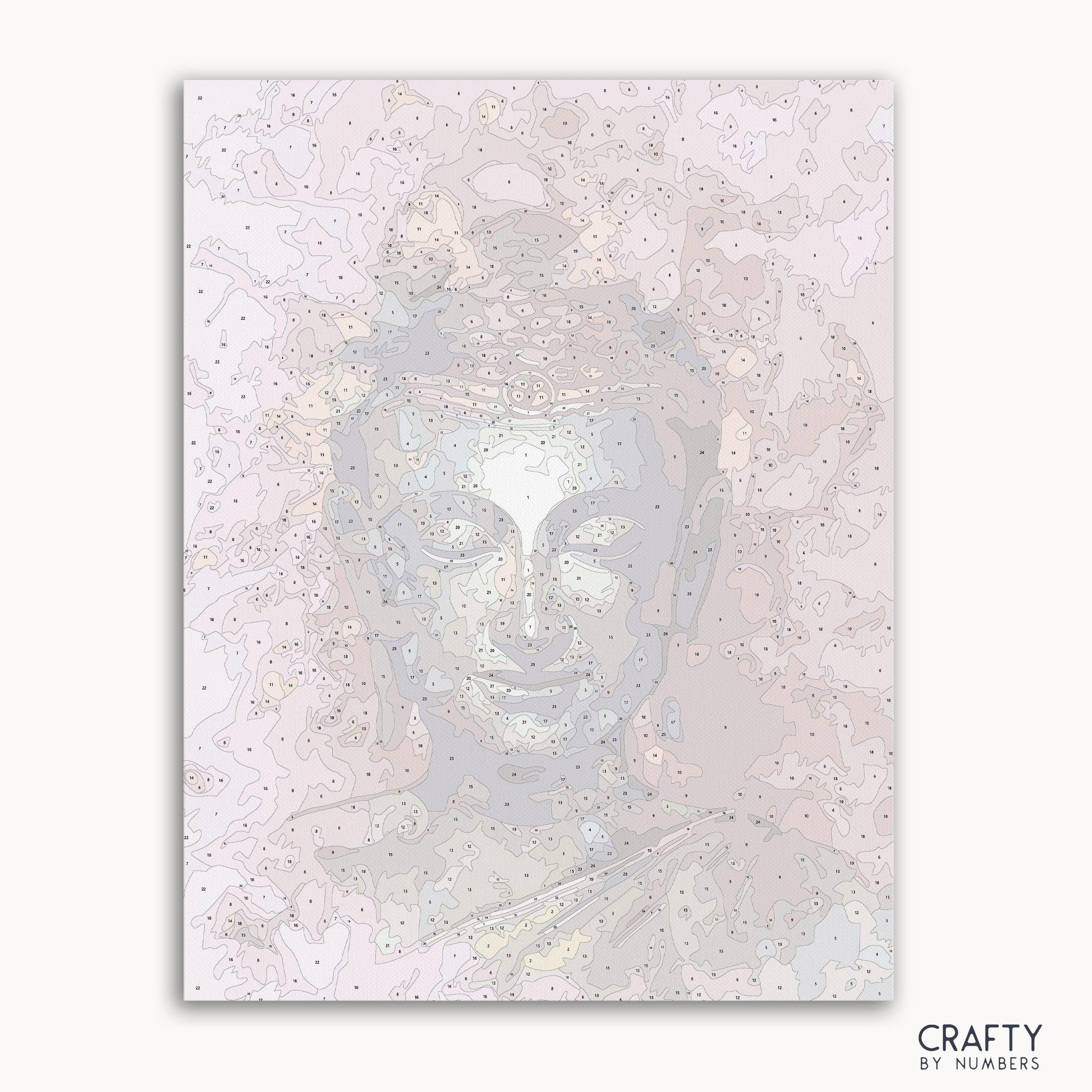 Buddha paint by number artwork inspired by famous paintings, showcasing serene expression with elements reminiscent of Vincent van Gogh famous paintings and famous landscape paintings.