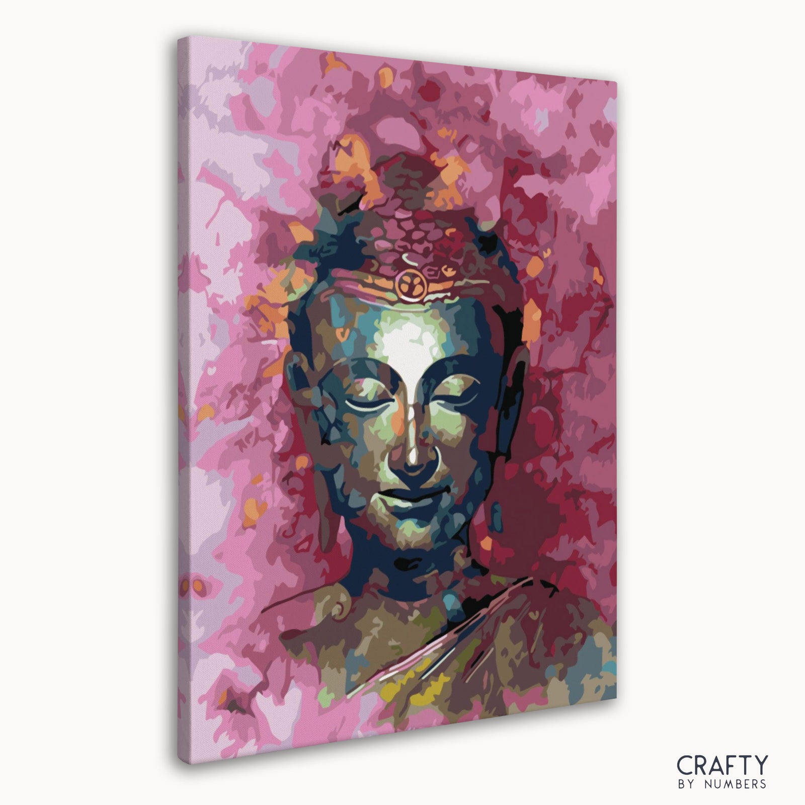 Farbenfrohes Buddha-Malen-nach-Zahlen-Design, das friedliche Bilder mit dem Gemäldestil berühmter Künstler und einem Hauch berühmter abstrakter Gemälde verbindet.