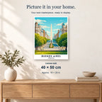 Buenos Aires - Travel Poster displayed on a sunlit wall above an oak cabinet. Canvas size 40 × 50 cm.