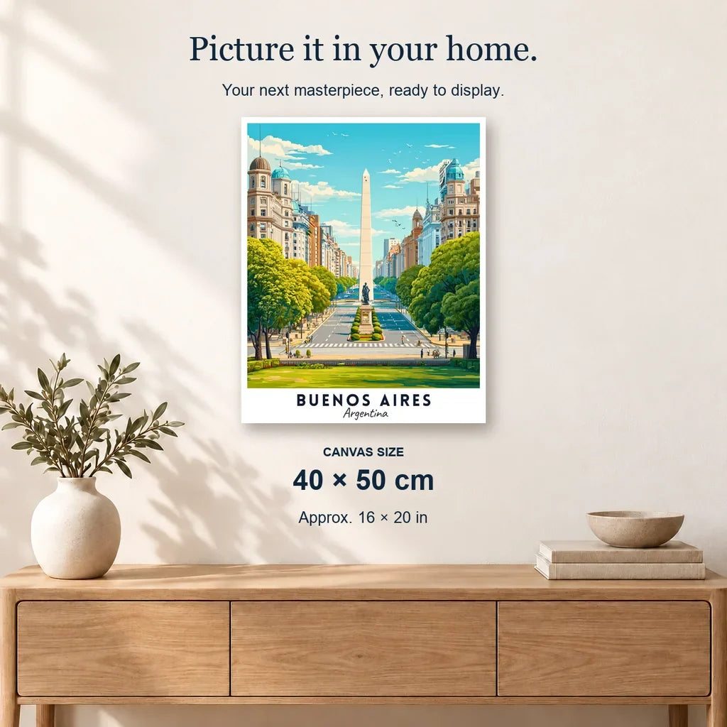 Buenos Aires - Travel Poster displayed on a sunlit wall above an oak cabinet. Canvas size 40 × 50 cm.