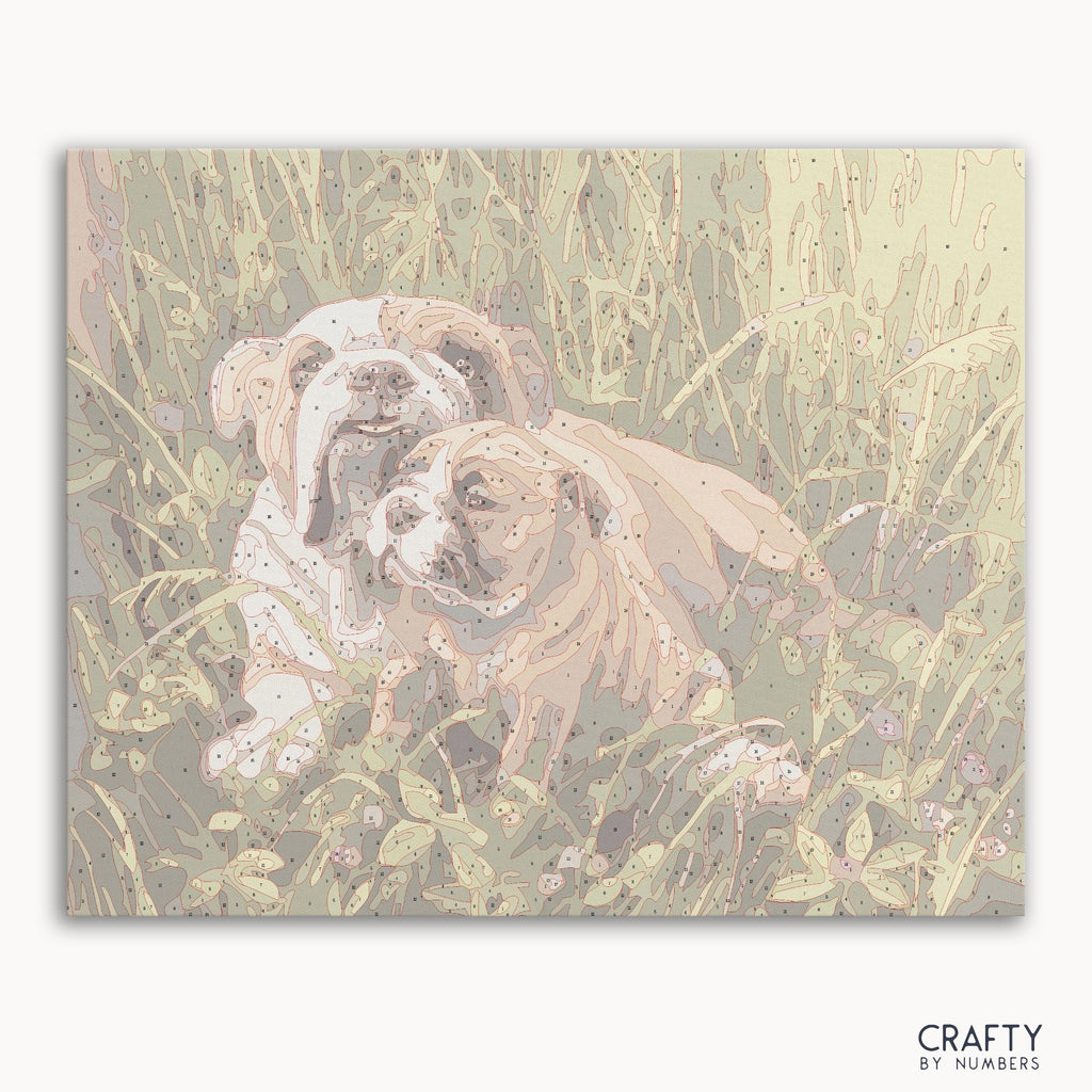 Numbered canvas preview for Bulldog with Puppy, with lightly printed color sections.