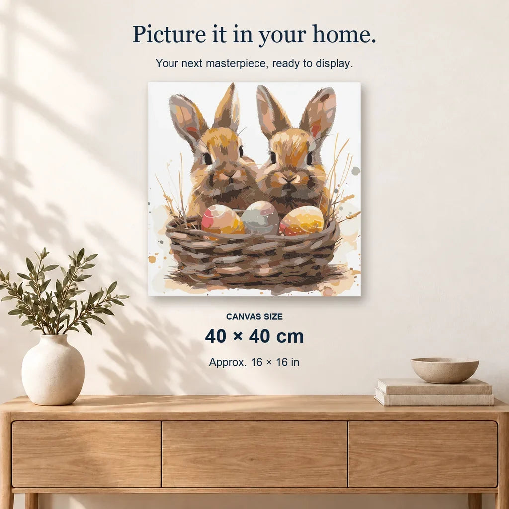 Bunny Bliss Basket displayed on a sunlit wall. Canvas size 40 × 40 cm.
