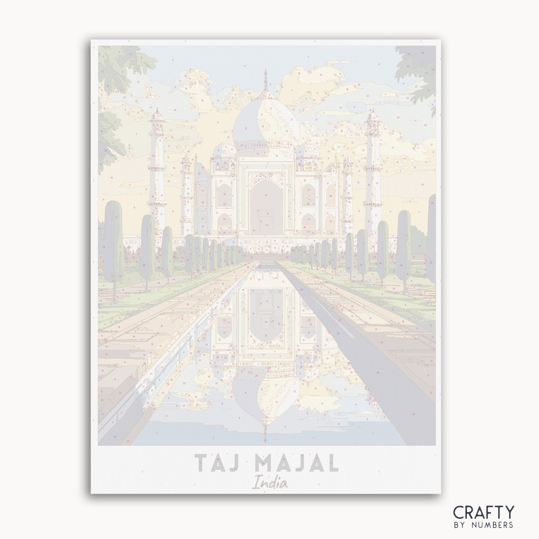 canvas for paint by number travel poster of taj mahal- symbol of love.
