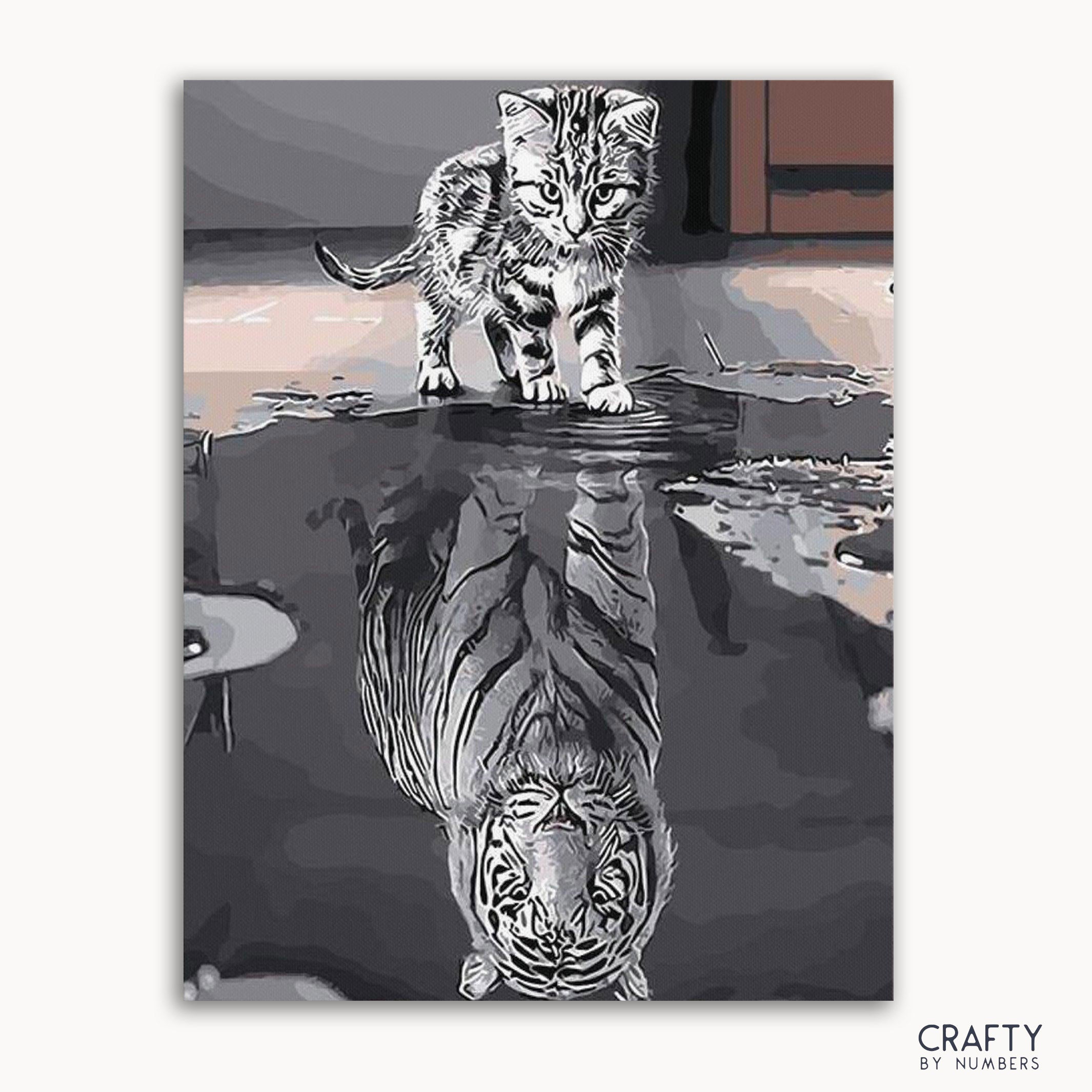 A paint by numbers kit image featuring a cat with a reflection of a tiger.