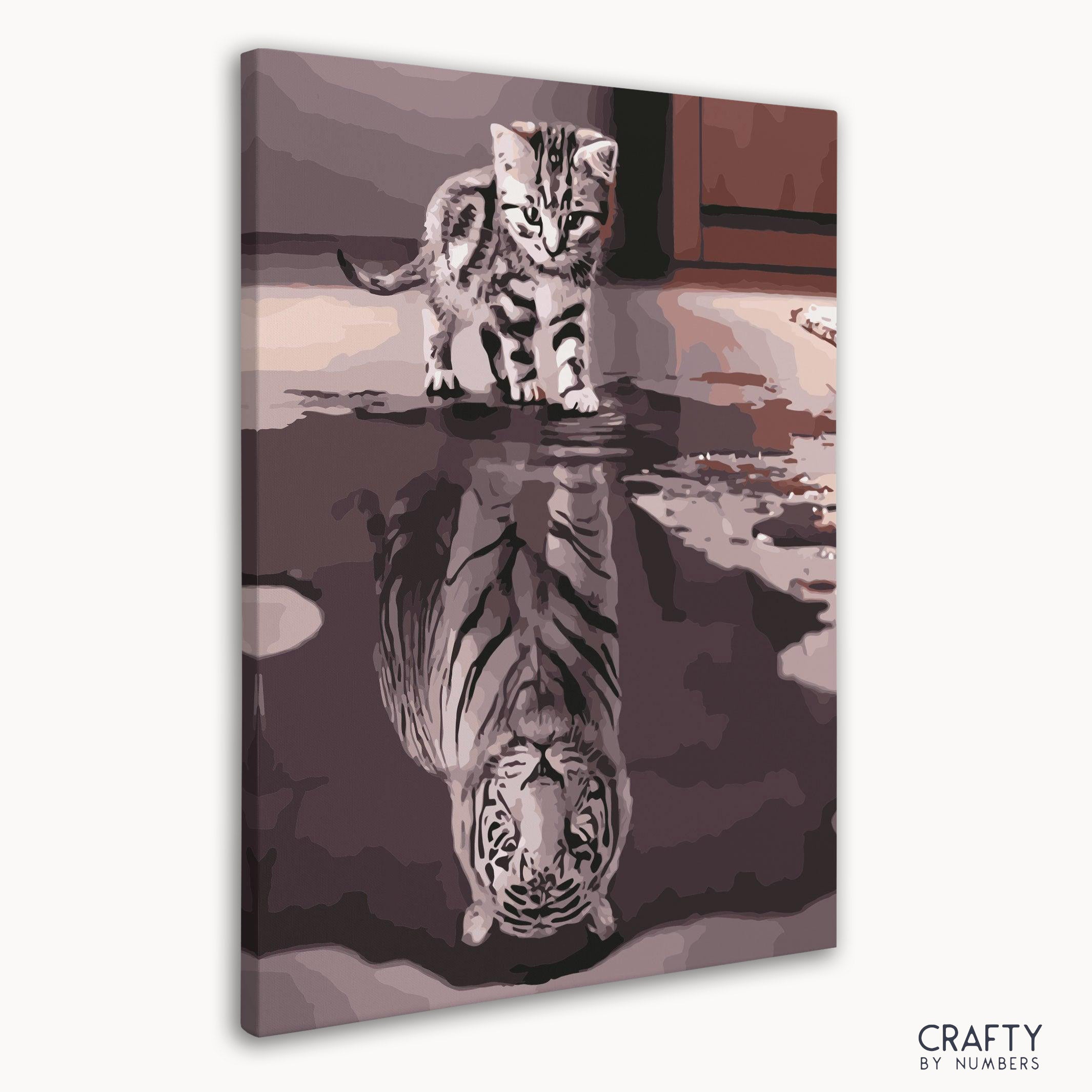 A paint by number showing cat and tiger reflection, blending styles of vincent van gogh famous paintings.
