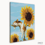 Cozy cat asleep on sunflower in a paint by number design reflecting famous abstract paintings and famous still life paintings. picasso most famous paintings famous paintings of people famous flower paintings
