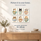 Cats & Coffee | 6 Mini Kits: 6 mini canvases displayed on a sunlit wall, 15 × 20 cm each.