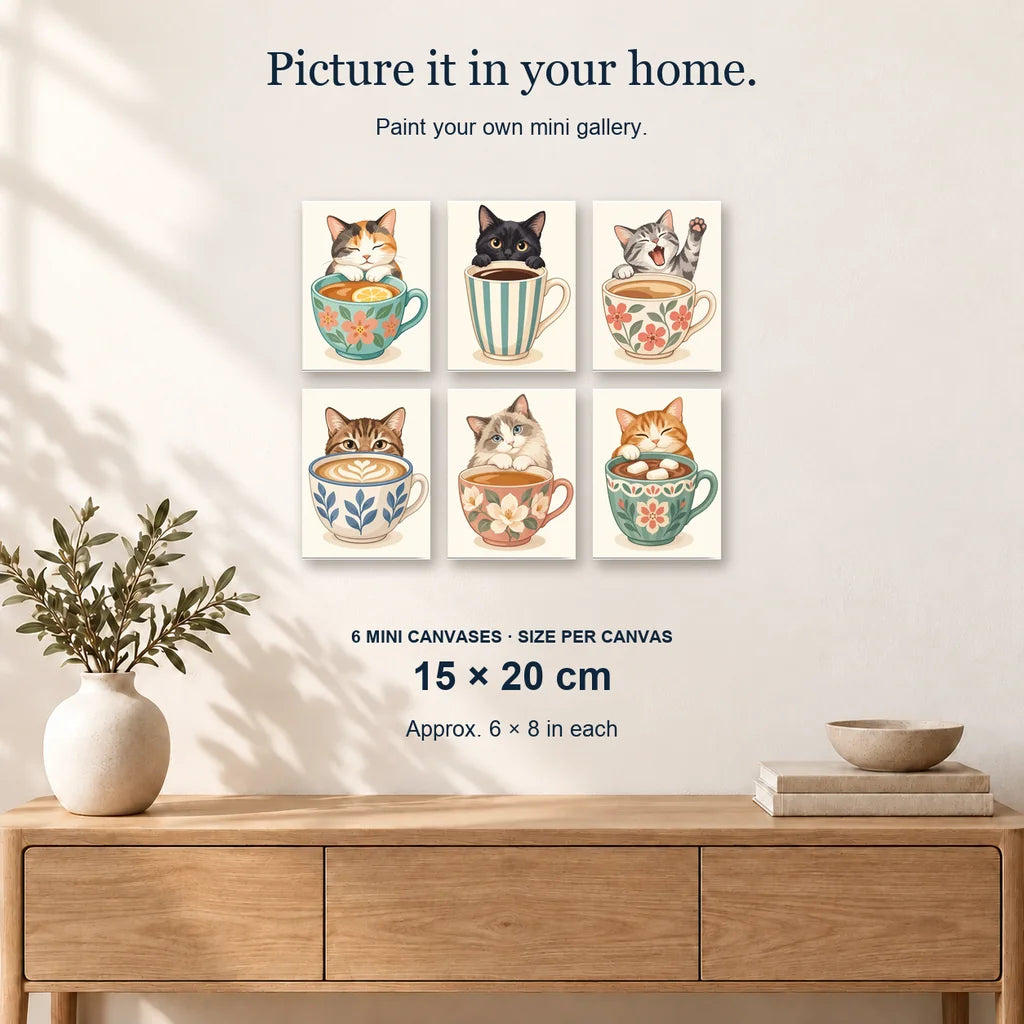 Cats & Coffee | 6 Mini Kits: 6 mini canvases displayed on a sunlit wall, 15 × 20 cm each.