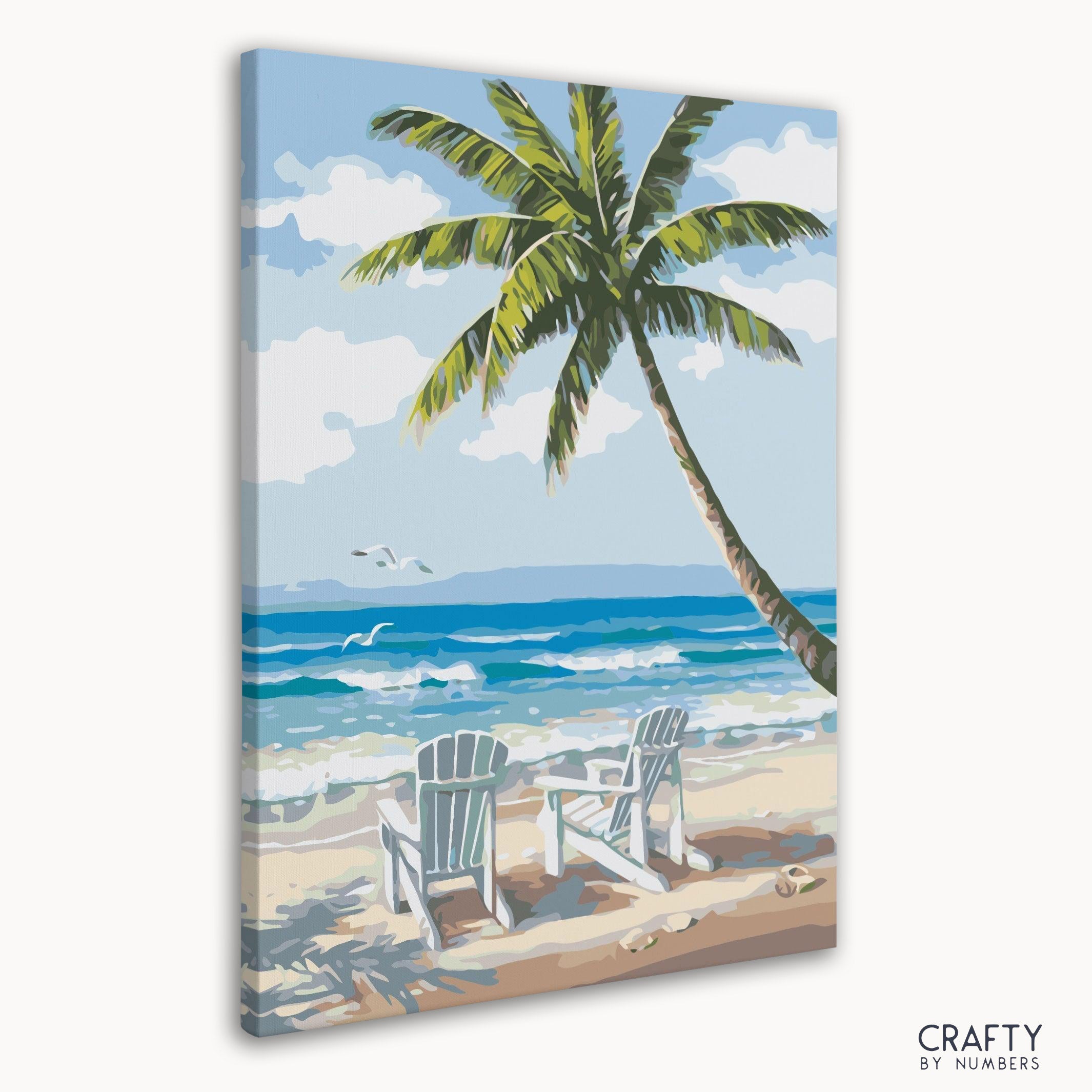 Close-up of numbered linen canvas showing beach chairs in blue and beige tones.