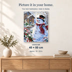 Cheerful Snowman displayed on a sunlit wall. Canvas size 40 × 50 cm.