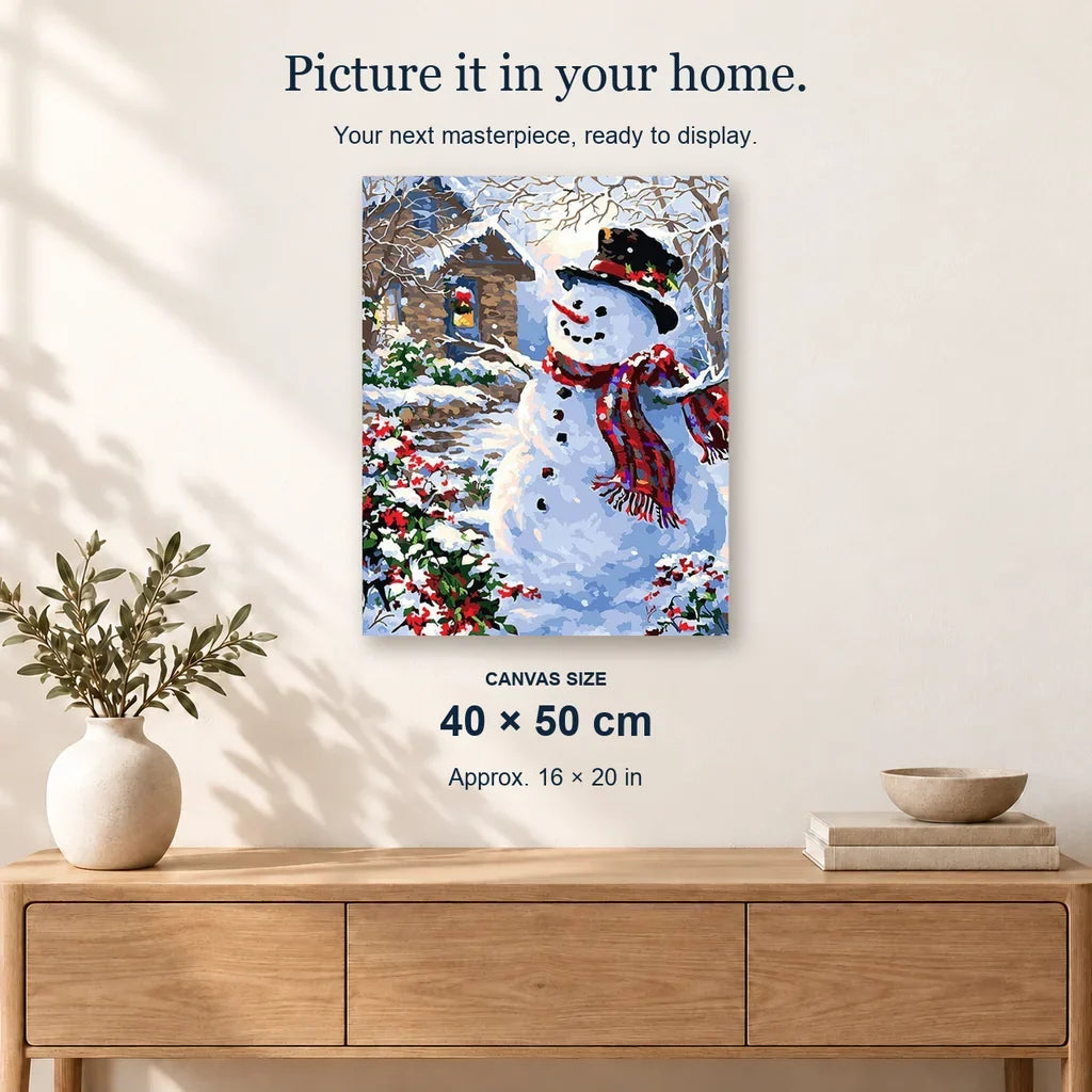 Cheerful Snowman displayed on a sunlit wall. Canvas size 40 × 50 cm.