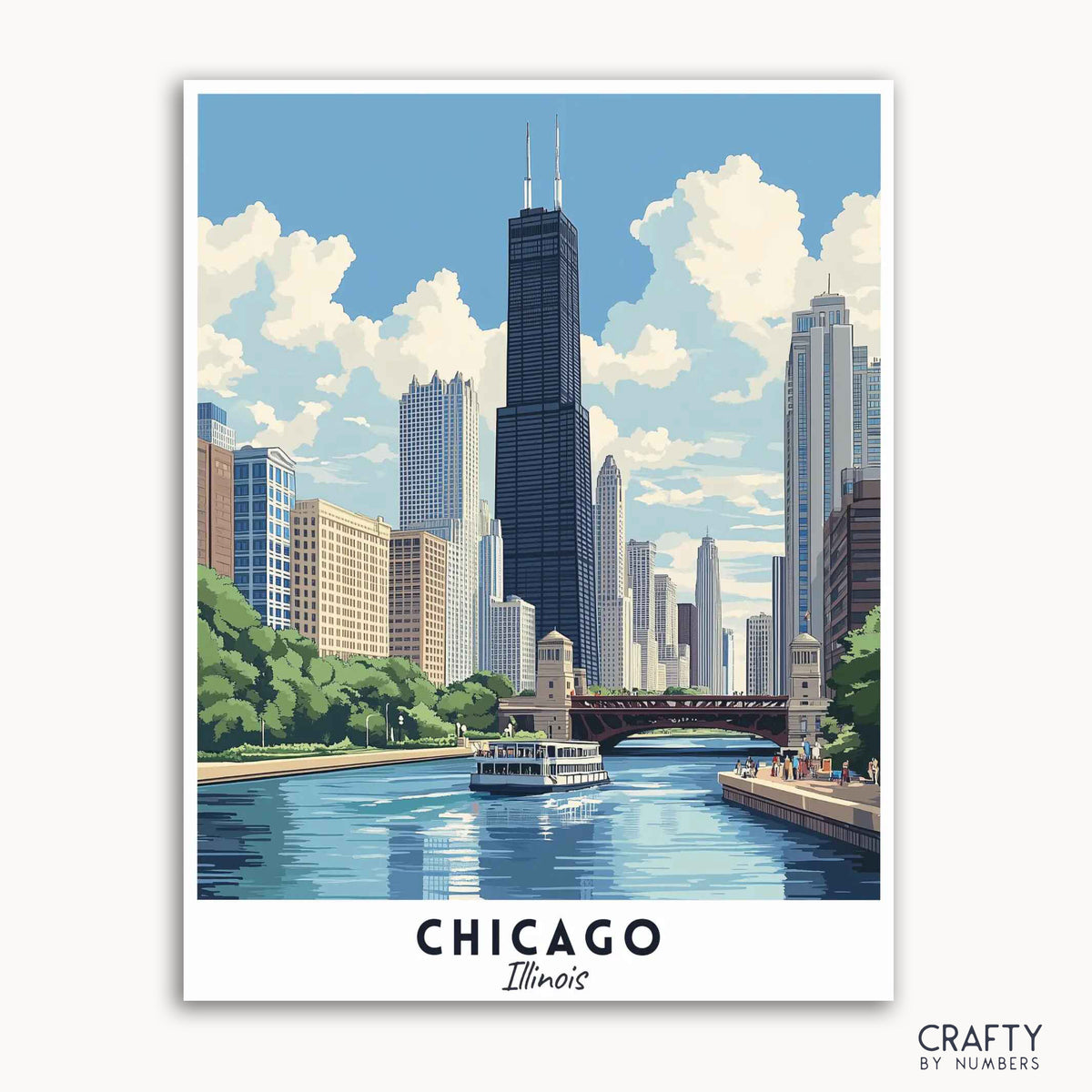 A travel poster depicting the skyline of Chicago with the Willis Tower, Chicago River, and a boat visible. The poster is titled 'Chicago, Illinois' and is designed to be painted by numbers.