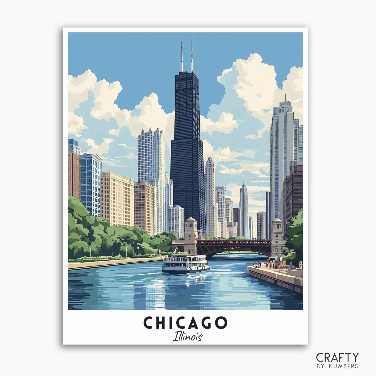 A travel poster depicting the skyline of Chicago with the Willis Tower, Chicago River, and a boat visible. The poster is titled 'Chicago, Illinois' and is designed to be painted by numbers.