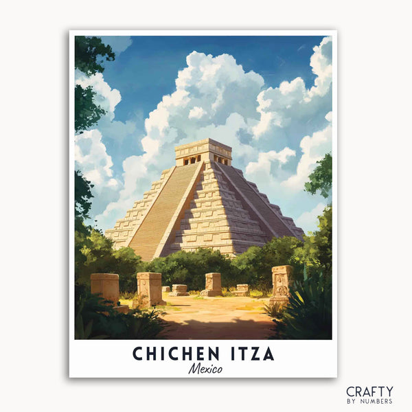 A travel poster featuring the Pyramid of Kukulkan at Chichen Itza, Mexico, with a clear blue sky, white clouds, greenery, and the text 'CHICEN ITZA Mexico' at the bottom.