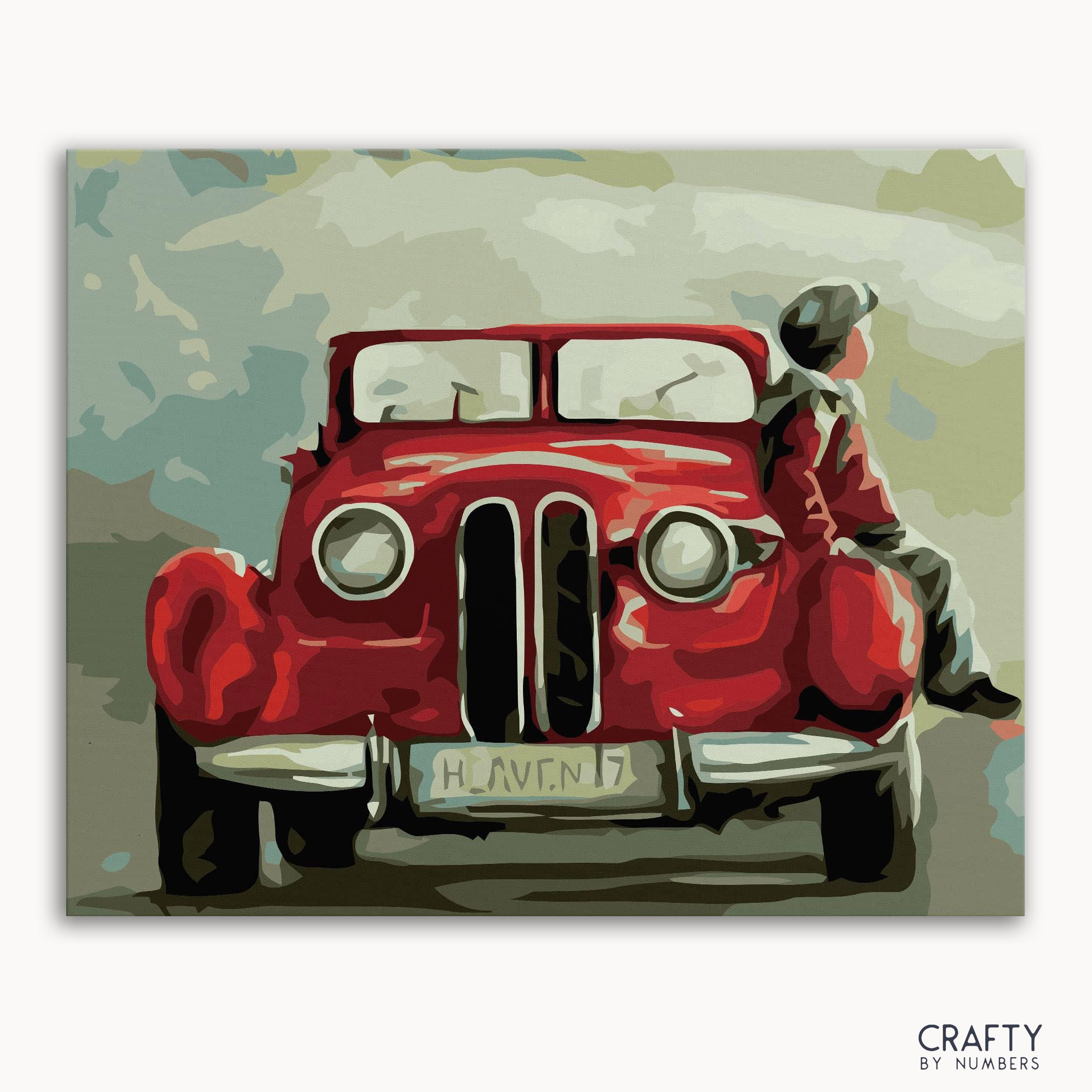 A paint-by-numbers kit image featuring a red antique car with a child waiting beside it, against a backdrop of a cloudy sky.