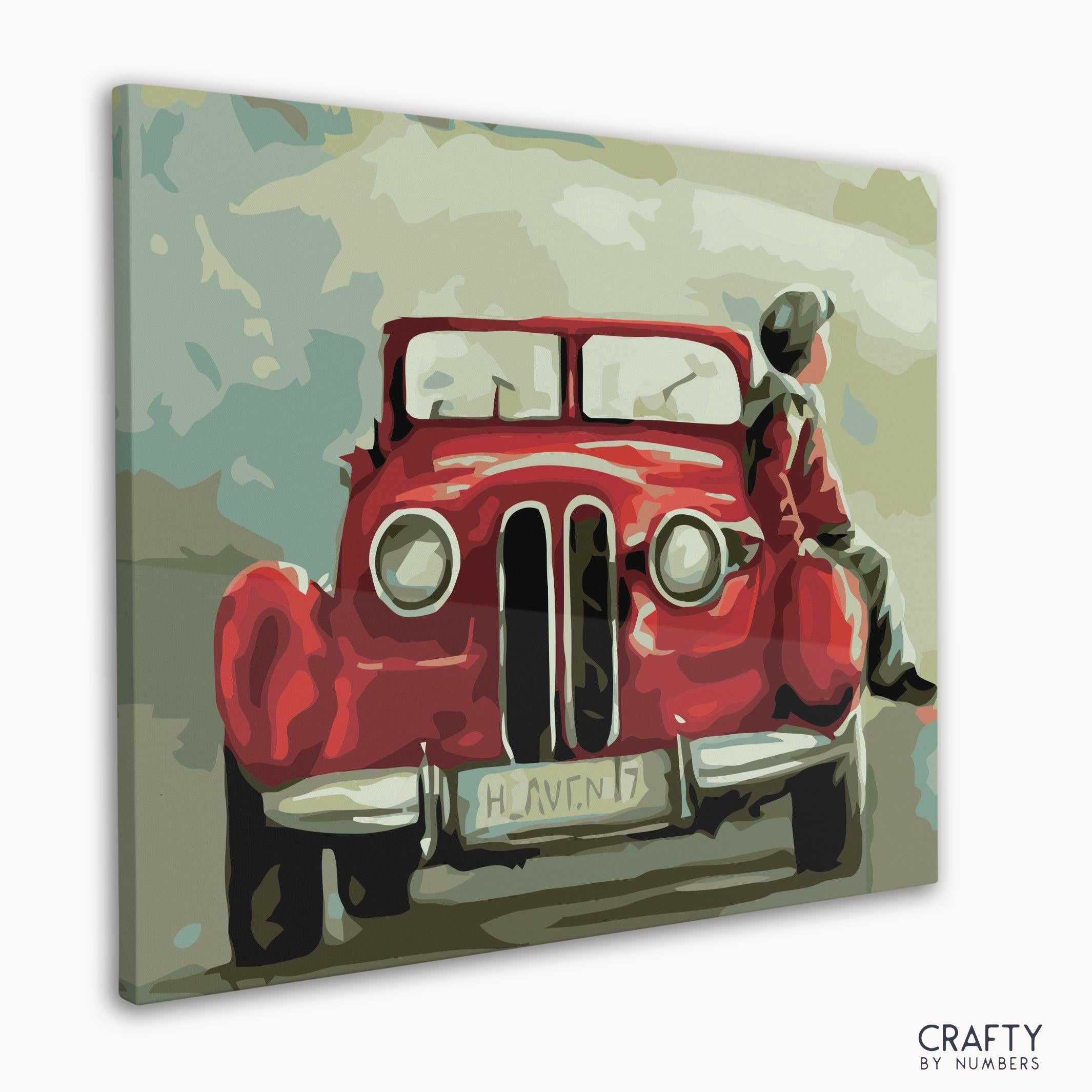 Paint by number of child waiting near antique car showcasing most famous paintings and famous landscape paintings.