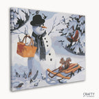 Festive Snowman paint by number with holiday charm and famous landscape paintings influences.