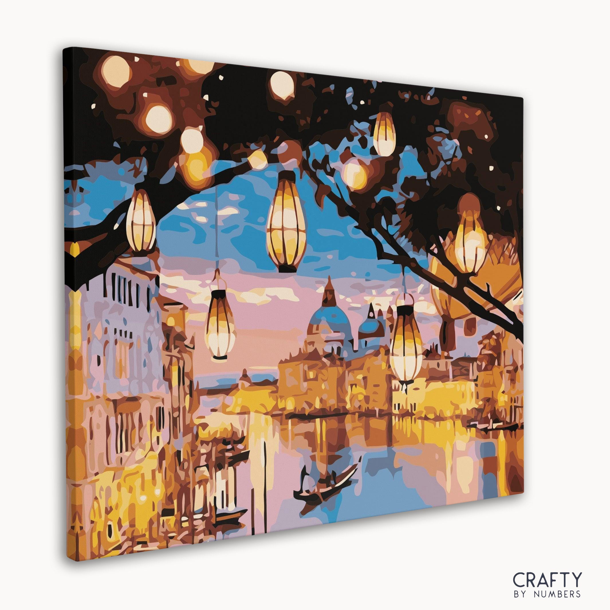 Close-up of detailed City Lights Of Venice paint by numbers canvas section