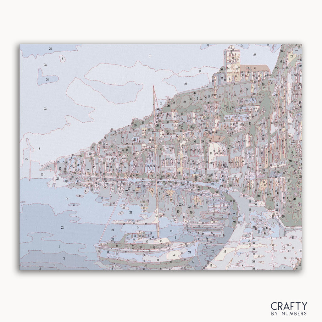 Numbered canvas preview for Coastal City, with lightly printed color sections.