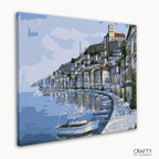 Seaside harbor with colorful boats paint by numbers canvas