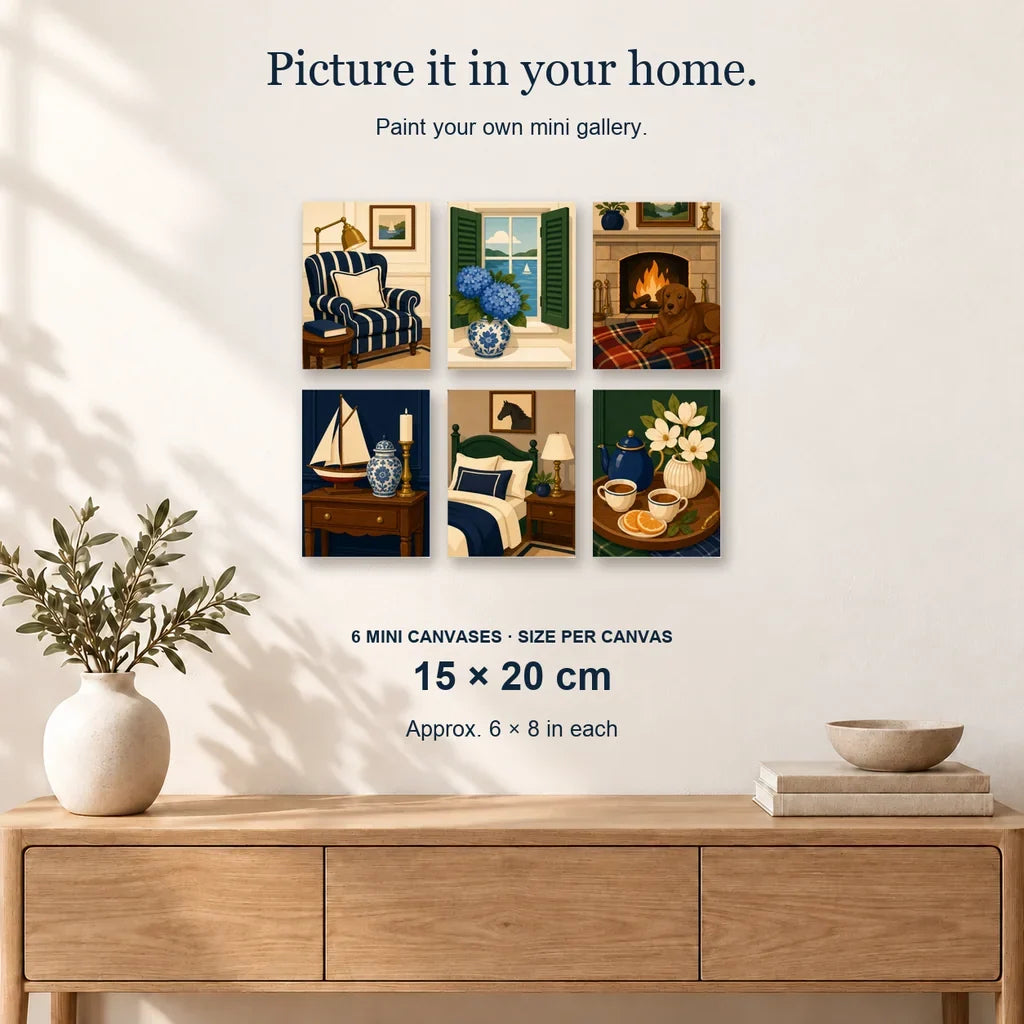Coastal Cottage | 6 Mini Kits: 6 mini canvases displayed on a sunlit wall, 15 × 20 cm each.