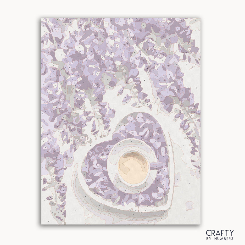 Coffee and purple flowers art paint by number featuring vibrant colors inspired by famous paintings and van gogh famous paintings style.