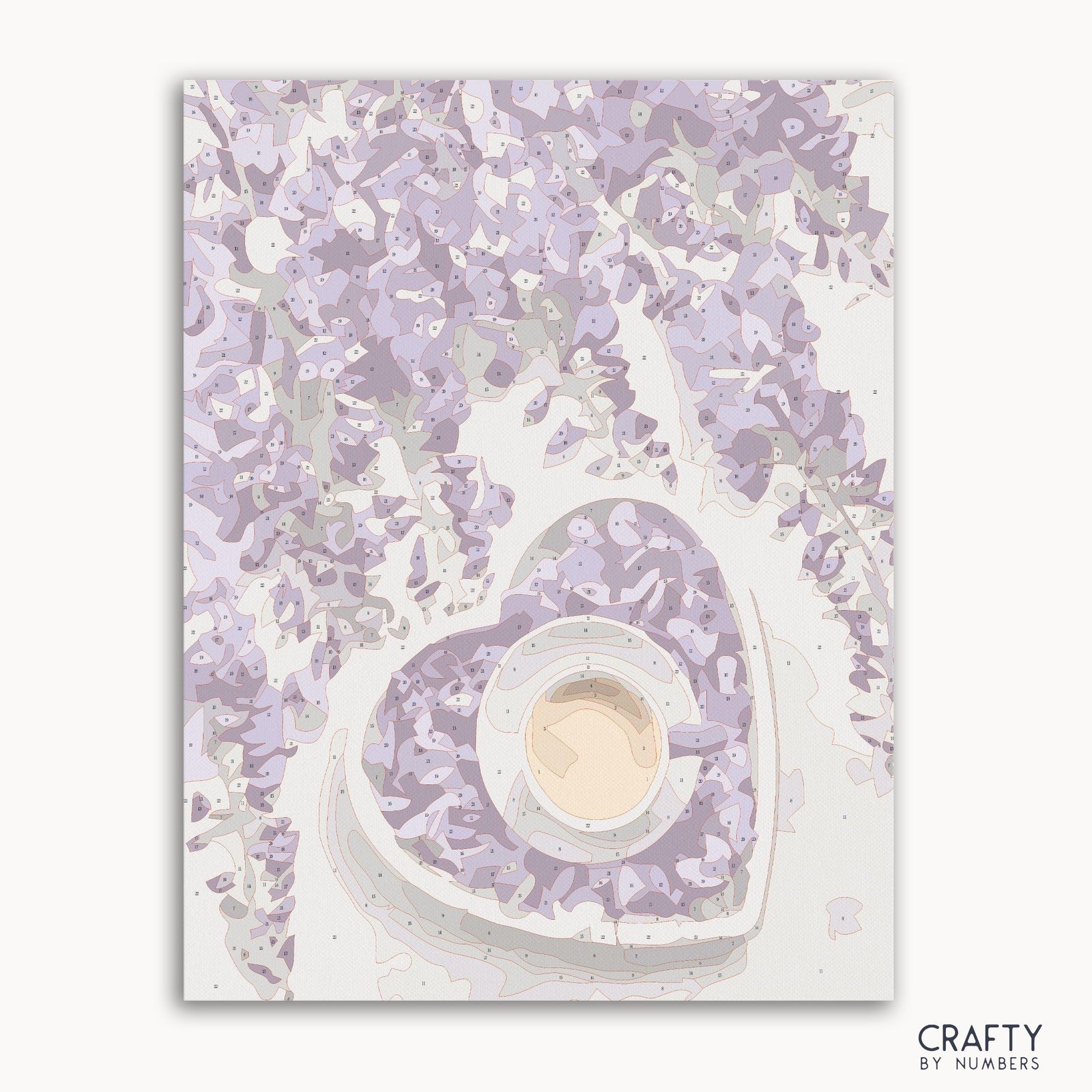 Malen nach Zahlen mit Kaffee- und Lila-Blumen-Motiven mit lebendigen Farben, inspiriert von berühmten Gemälden und dem Stil berühmter Van-Gogh-Gemälde.