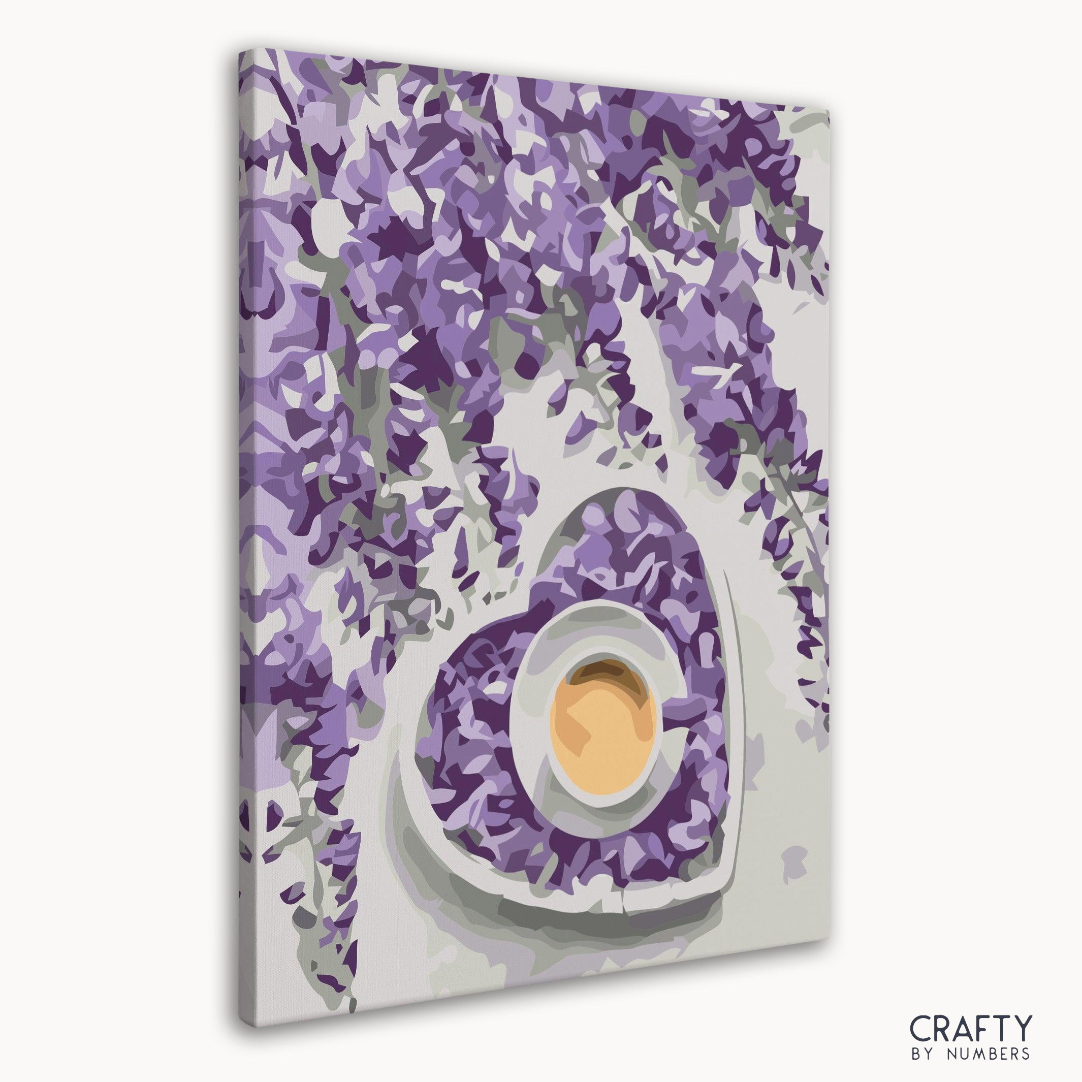 Beautiful coffee and purple flowers paint by number, reminiscent of famous landscape paintings and famous artists paintings.