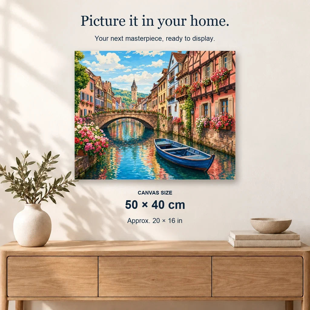 Colmar Flower Canal displayed on a sunlit wall above an oak cabinet. Canvas size 50 × 40 cm.
