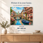 Colmar Flower Canal displayed on a sunlit wall above an oak cabinet. Canvas size 50 × 40 cm.
