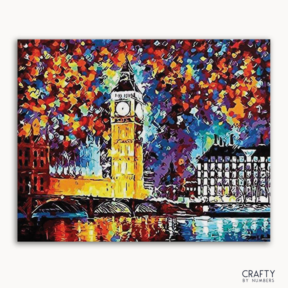 A colorful painting of the Big Ben clock tower and its surroundings, with a vibrant and abstract art style.