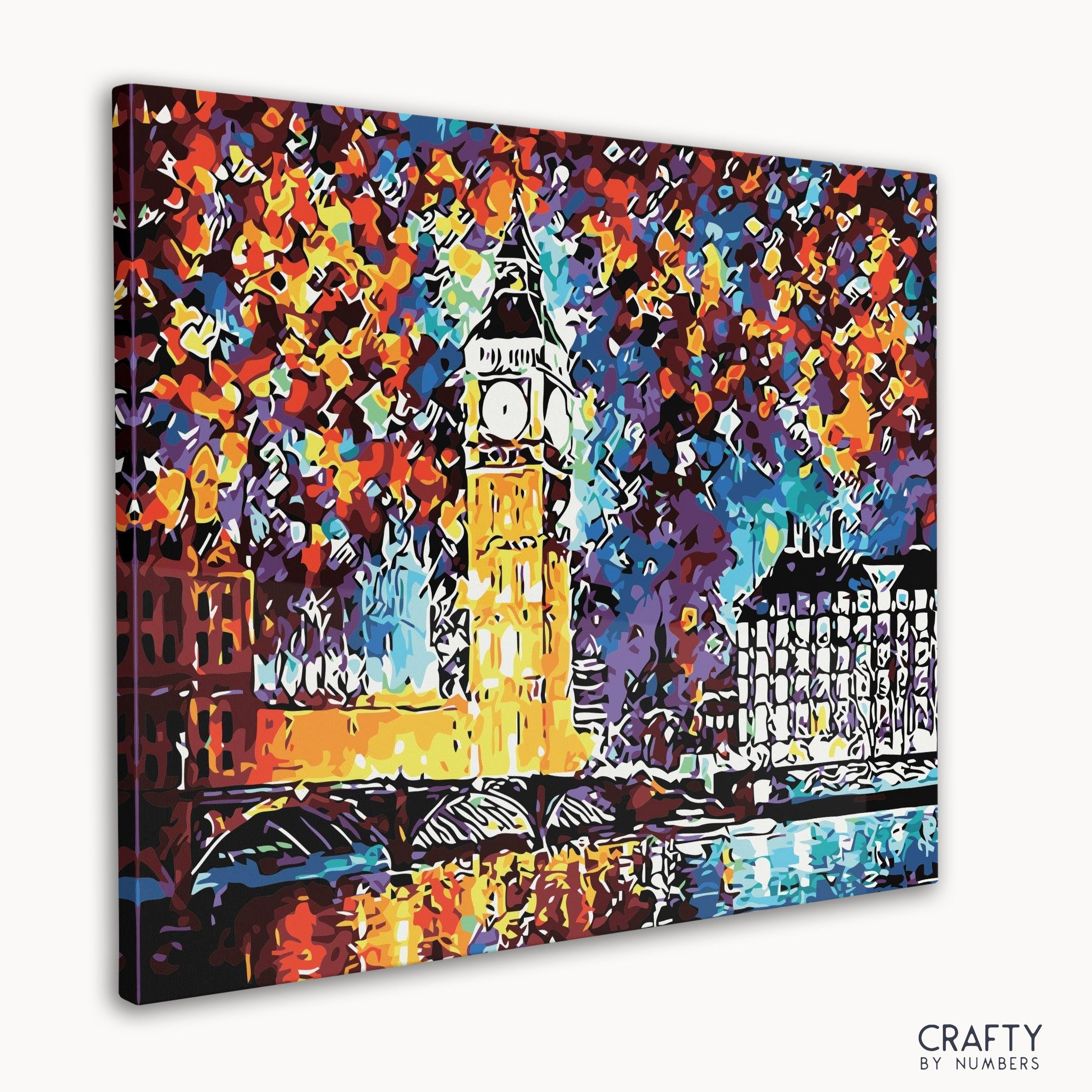 Close-up of Colorful Big Ben canvas showing detailed paint sections