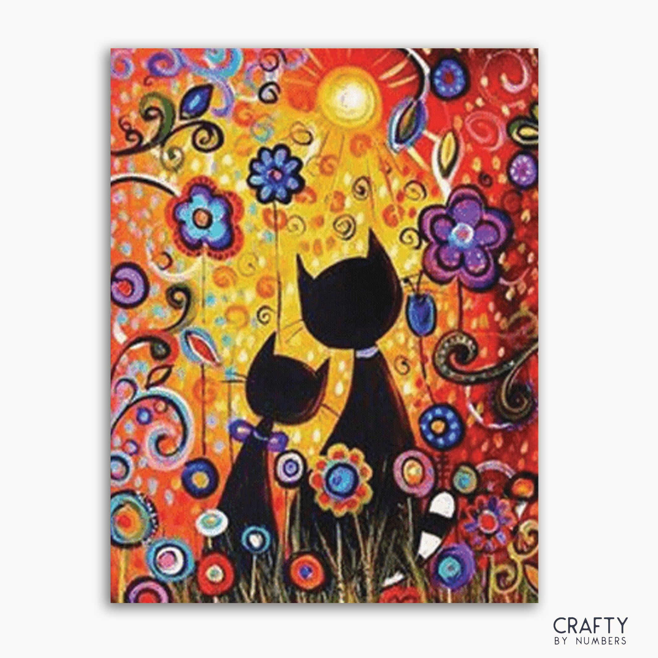 A colorful artistic representation of two stylized cats among various colorful flowers and abstract designs.