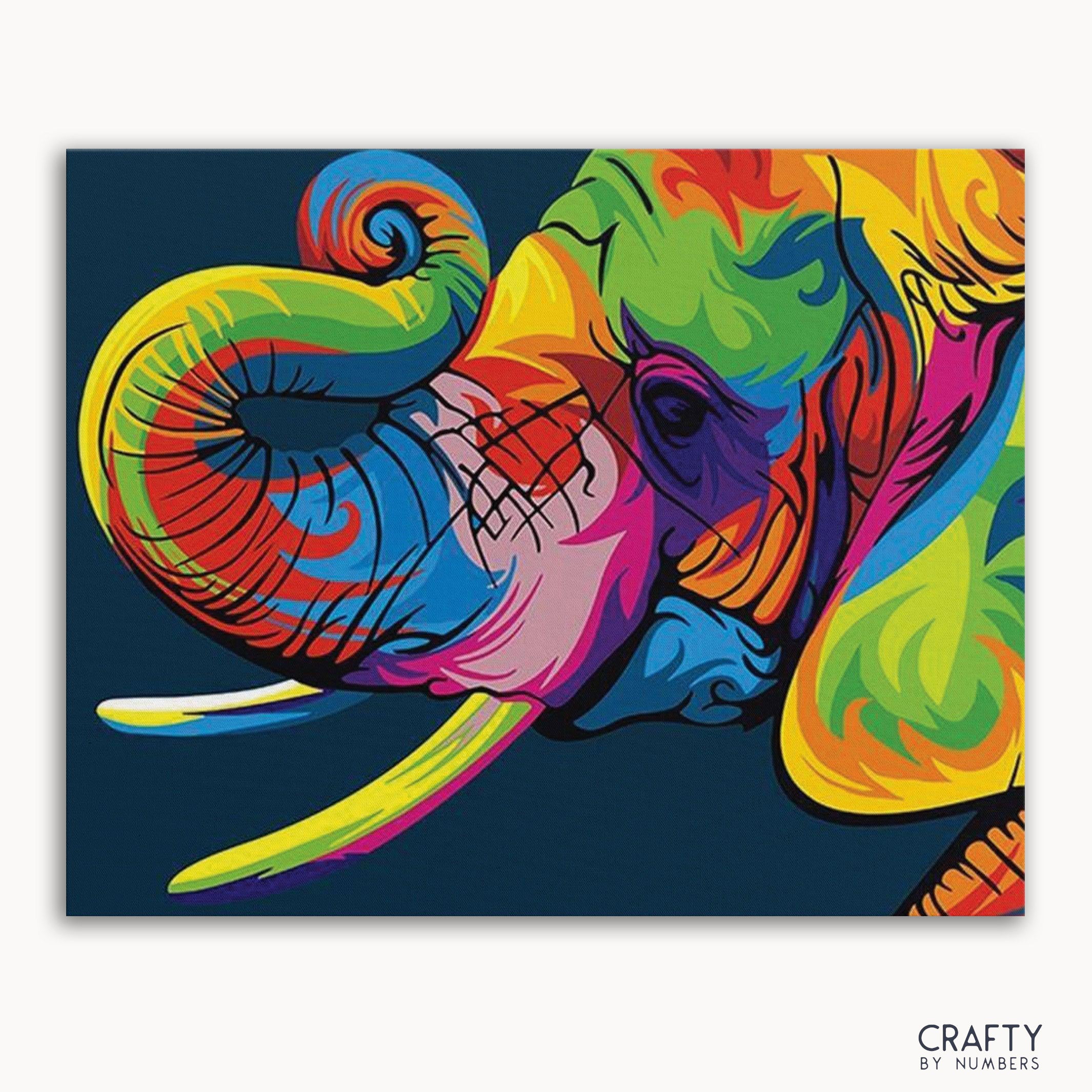 A colorful painting of an elephant with a trunk raised, on a framed canvas.