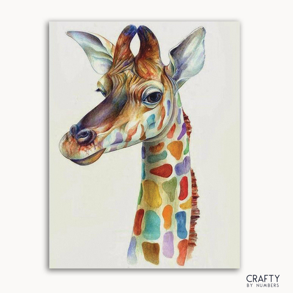 A paint-by-numbers kit image featuring a colorful giraffe design on a white background with numbered sections for color coordination.
