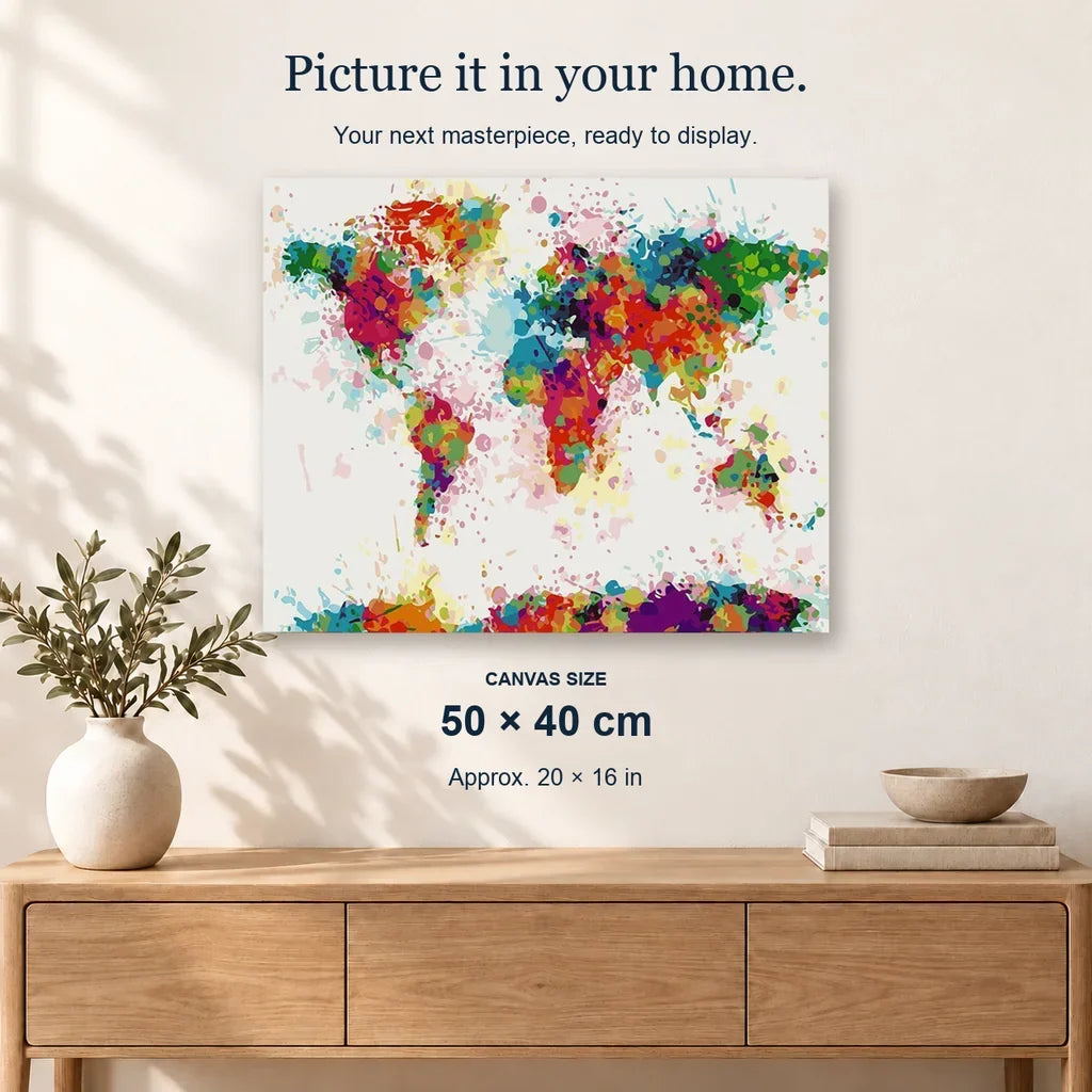 Colorful World Map displayed on a sunlit wall. Canvas size 50 × 40 cm.
