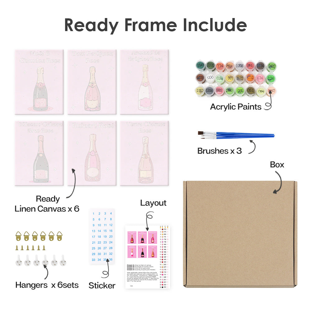 complete kit with frame of different Rosé Champagne paint by numbers available at crafty by numbers