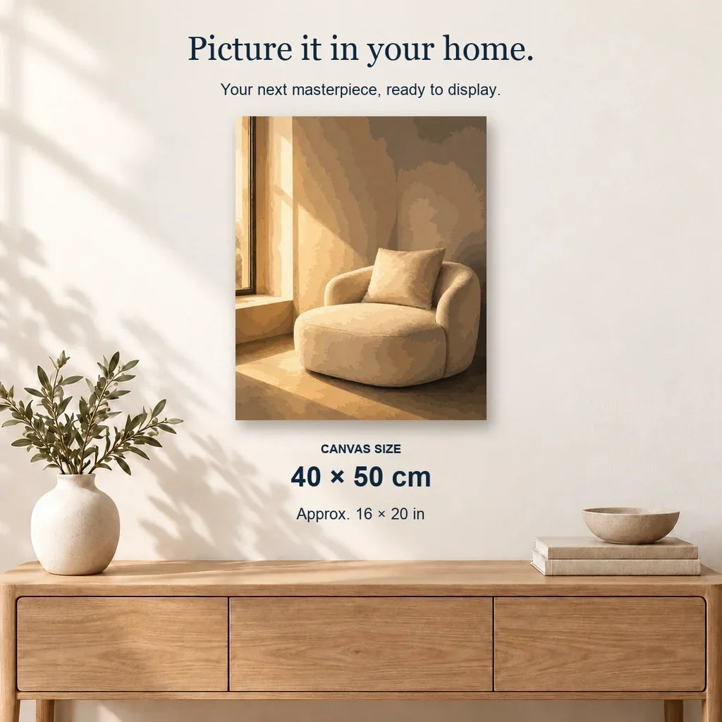 Cozy Armchair displayed on a sunlit wall above an oak cabinet. Canvas size 40 × 50 cm.