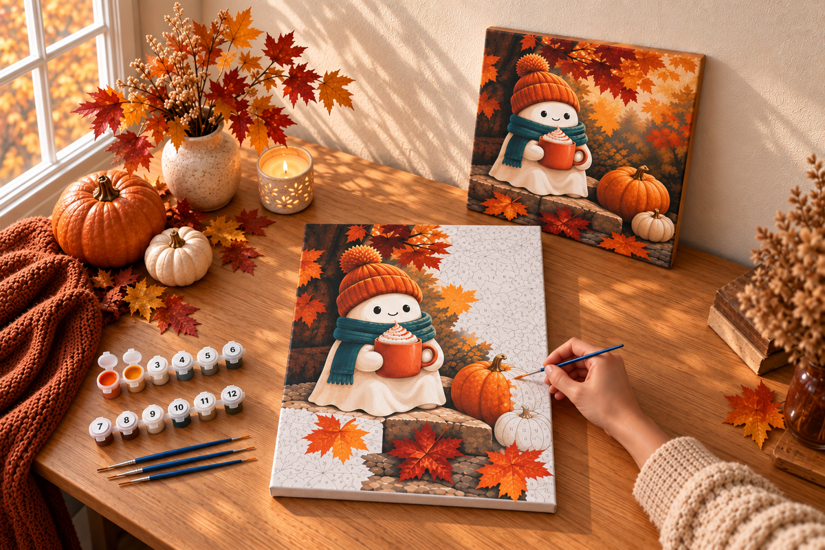 
Pumpkin Spice Ghost paint-by-numbers kit in progress beside the finished artwork in a cozy autumn setting
