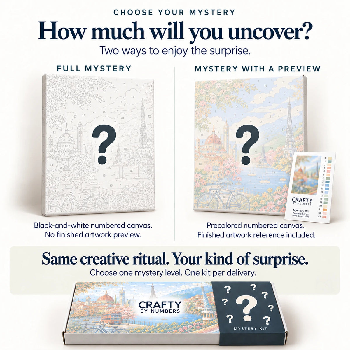 Full Mystery with a black-and-white numbered canvas versus Mystery with a Preview with a precolored canvas and artwork reference.