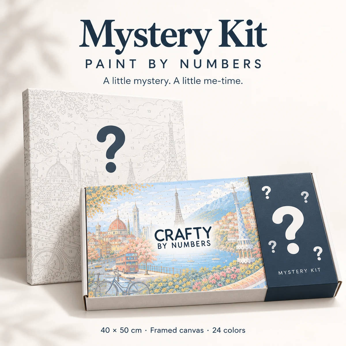 Crafty by Numbers Mystery Kit with illustrated box, question-mark sleeve and 40 × 50 cm framed canvas, 24 colors.