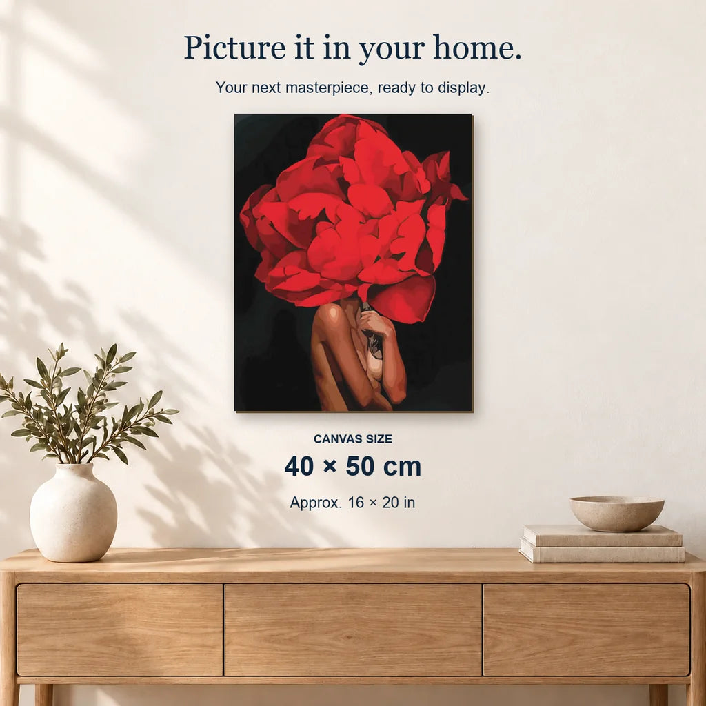 Crimson Cloak displayed on a sunlit wall. Canvas size 40 × 50 cm.