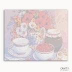 Cup set with decorative flowers paint by number inspired by famous paintings showcasing vibrant colors and fine detail.