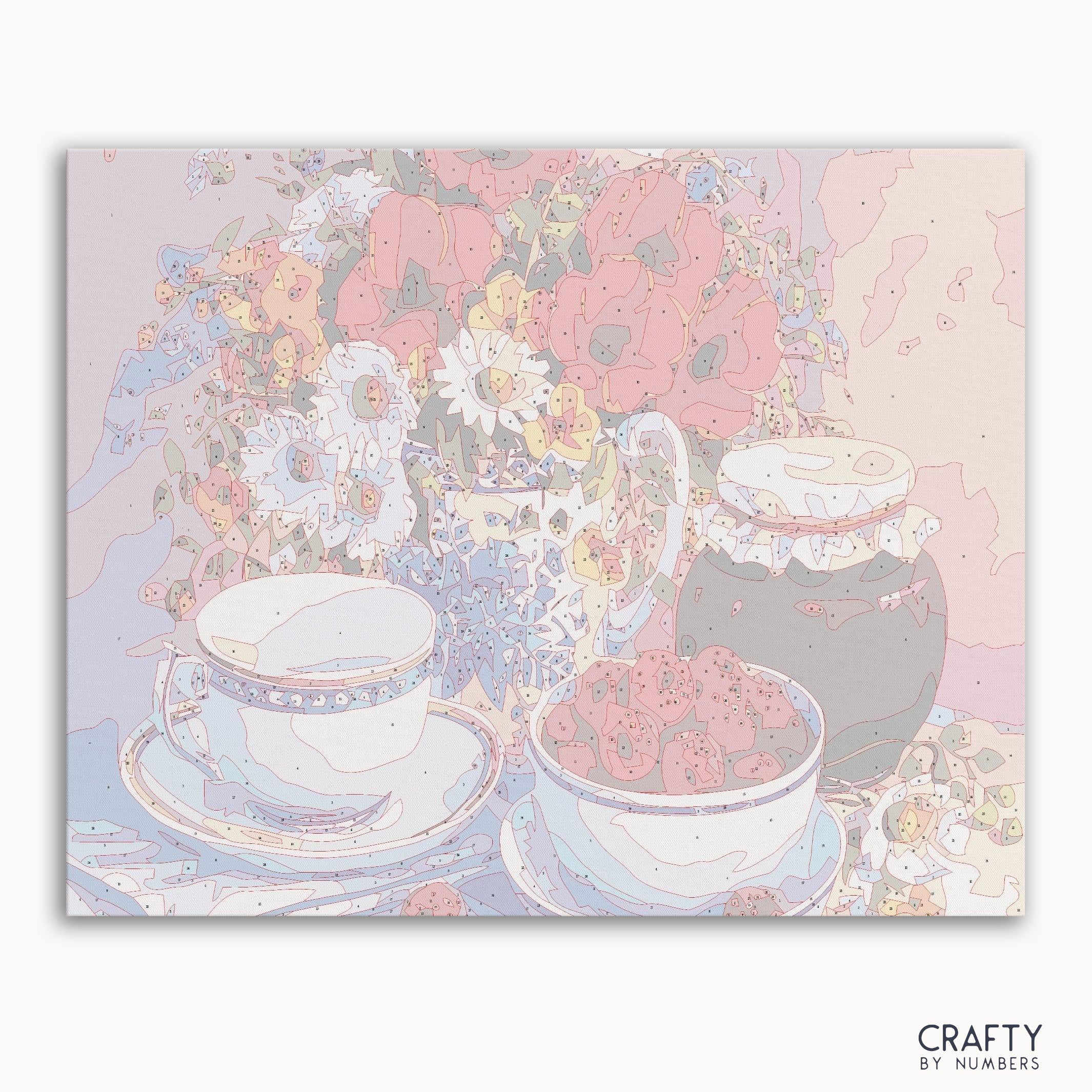 Cup set with decorative flowers paint by number inspired by famous paintings showcasing vibrant colors and fine detail.